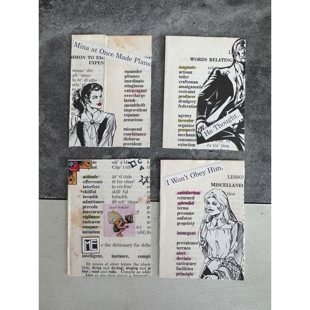 4 Mixed Media Collage Cards Vintage Dictionary Art Ephemera Junk Journal Gift